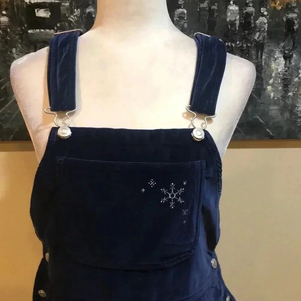 Blue Velvet 100% Cotton 5 Pocket Overalls Snow Flakes Embellishments-Size L - Picture 5 of 14